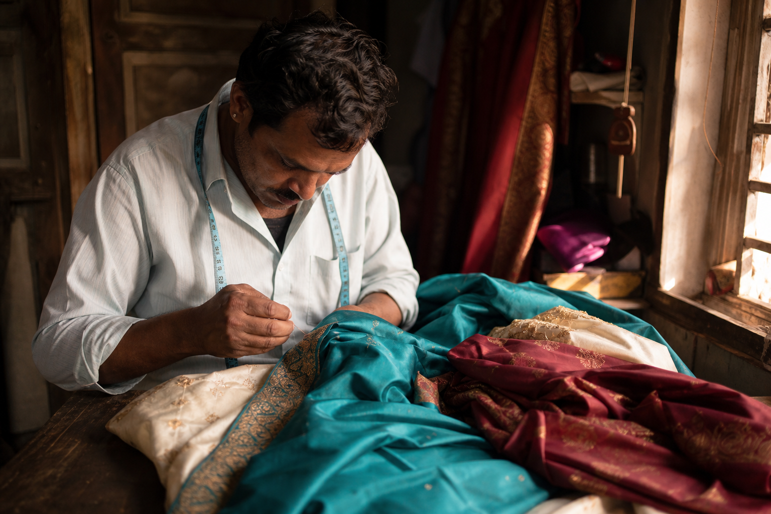 Tailor stitching a silk garment at the shop table